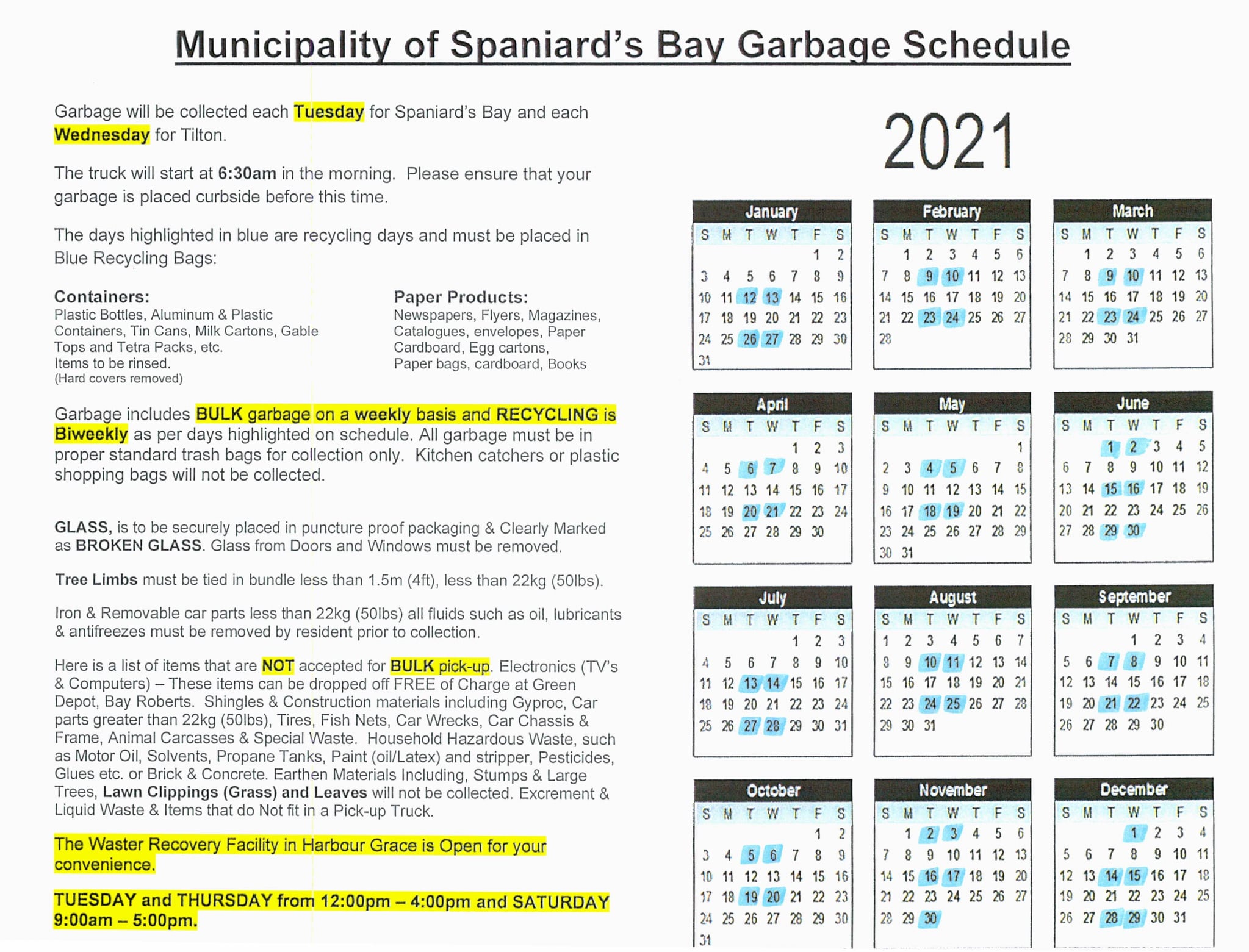 Garbage Schedule 2021 – Town of Spaniards Bay